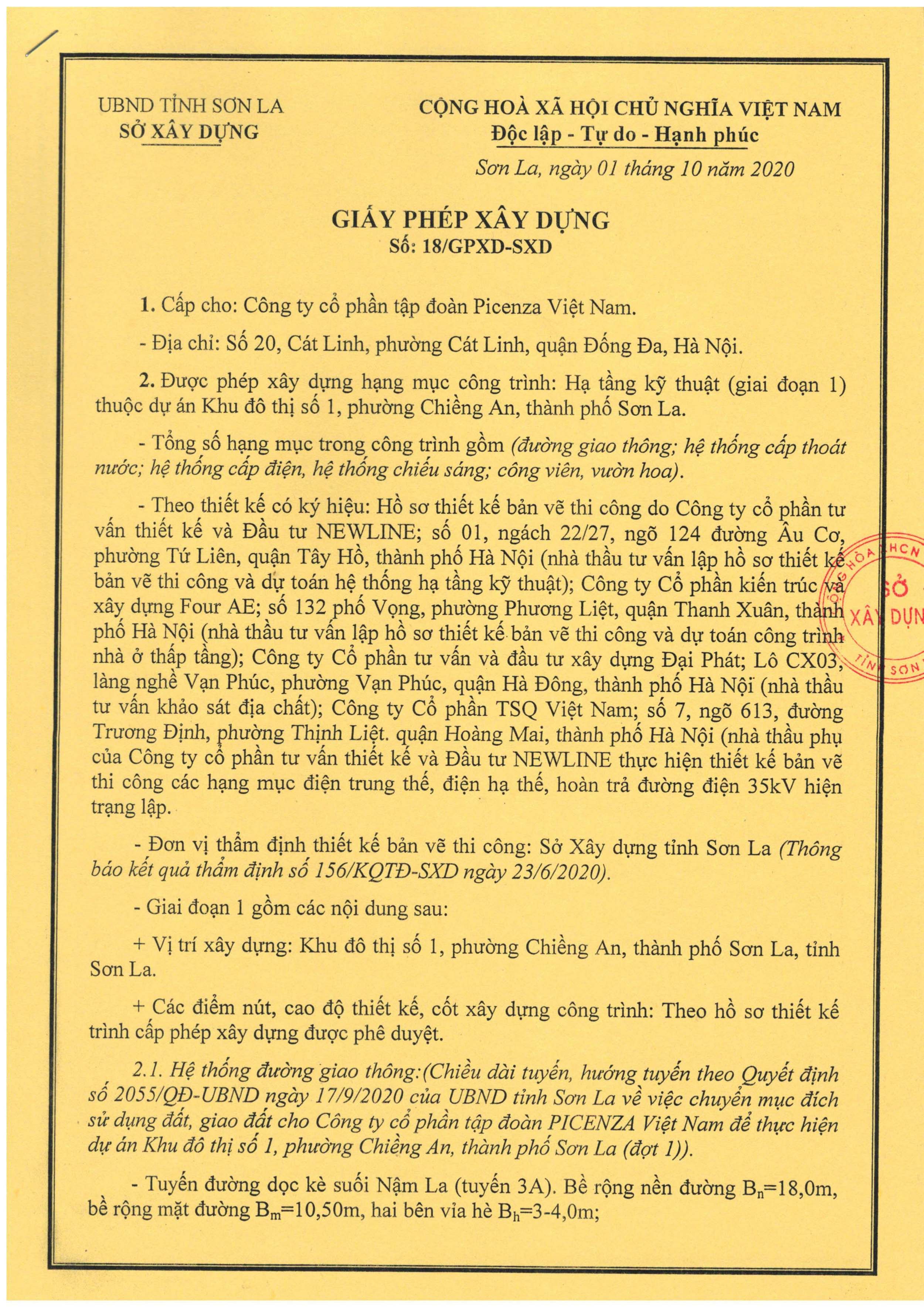 Giấy phép xây dựng số 18/GPXD-SXD do Sở Xây dựng tỉnh Sơn La cấp ngày 1/10/2020.